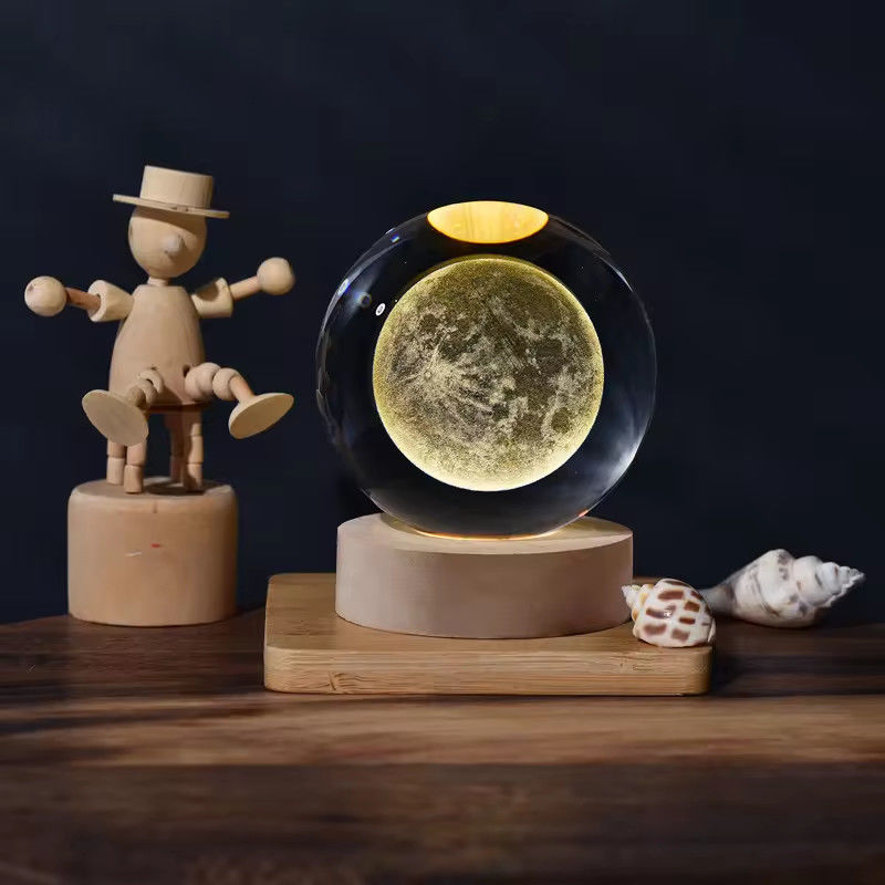 6 см 3D Art Crystal Ball Ночной свет День рождения Подарок Ночной свет Деревянный свет Основа Столовая лампа Декорация